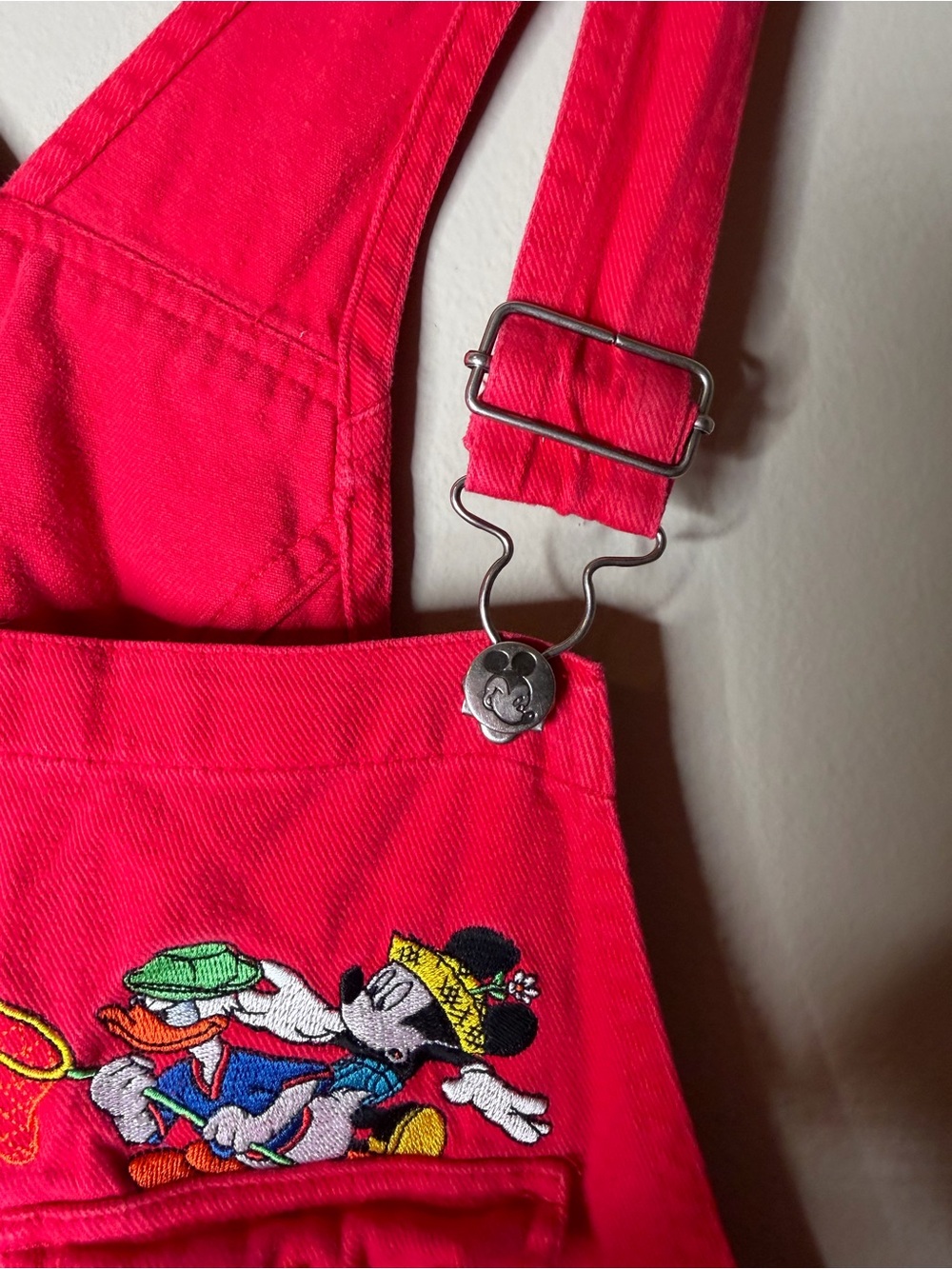 90s Y2K Bib Overalls Shorts Shortalls Mickey Mouse Donald Large Embroidered Vtg - Picture 3 of 9